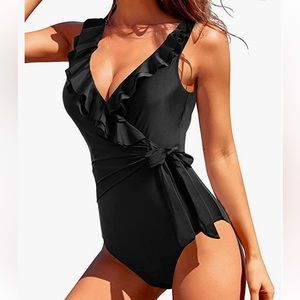 TEMPT ME Women’s Black Ruffle Wrap One Piece Swimsuit NWT Size L